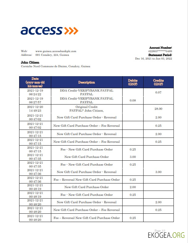 Modèle de relevé bancaire Guinée Access, format Word et PDF